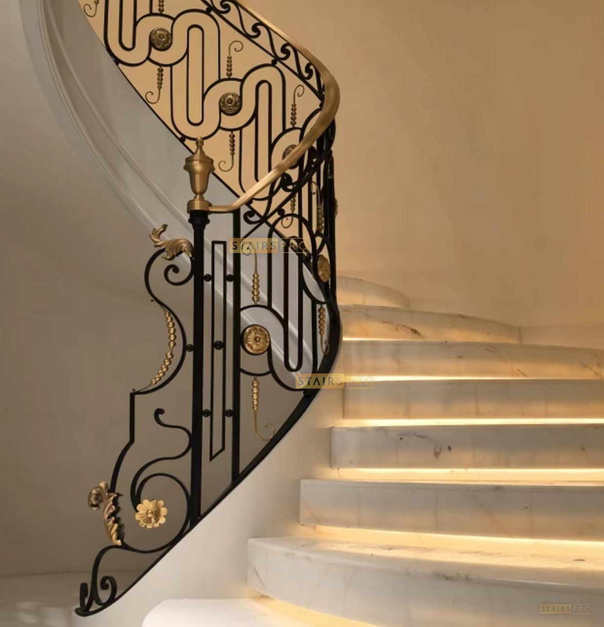 Brass balustrade on a curved staircase Brass balustrade on a curved staircase