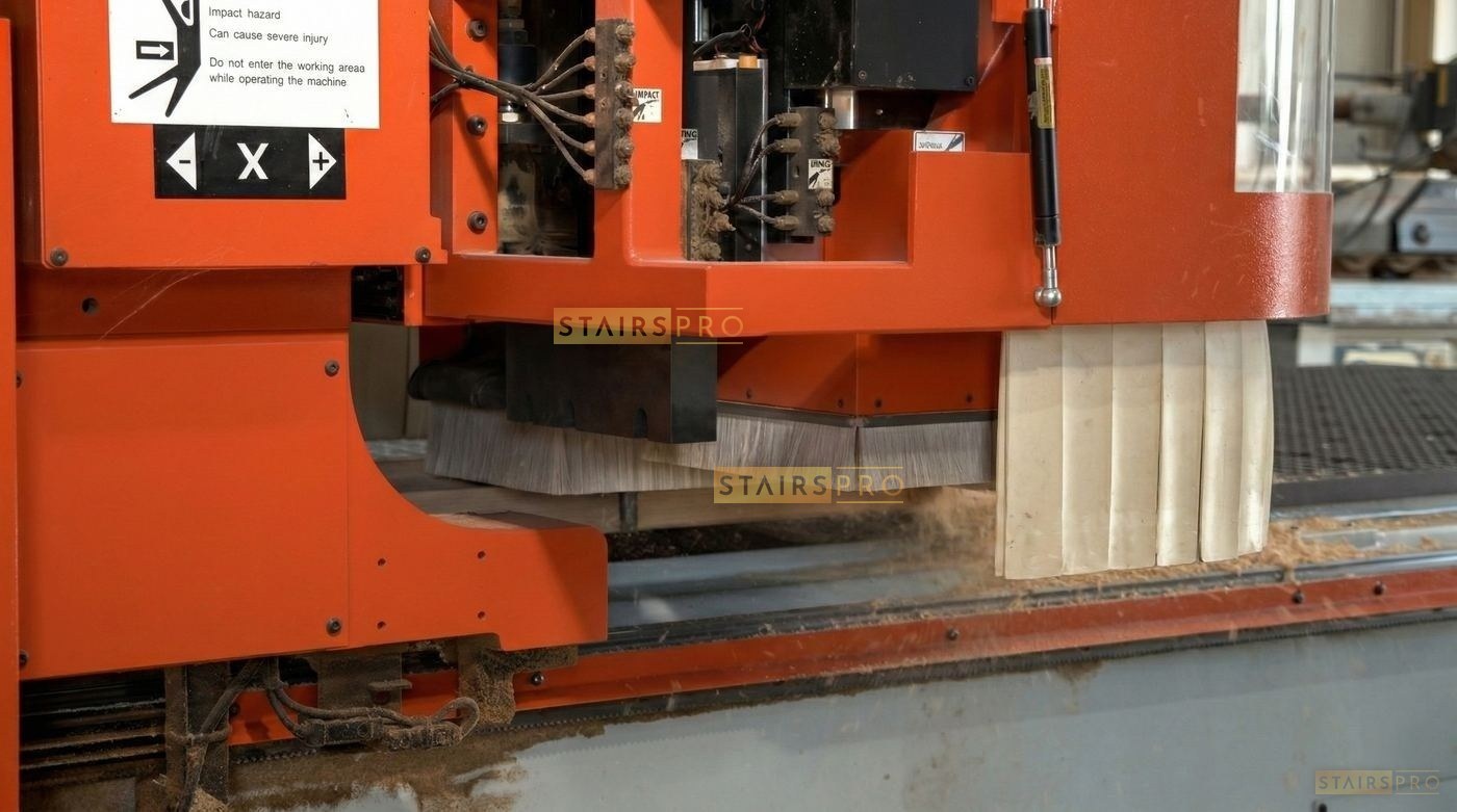 C.N.C. cutting a custom stair tread to final size C.N.C. cutting a custom stair tread to final size