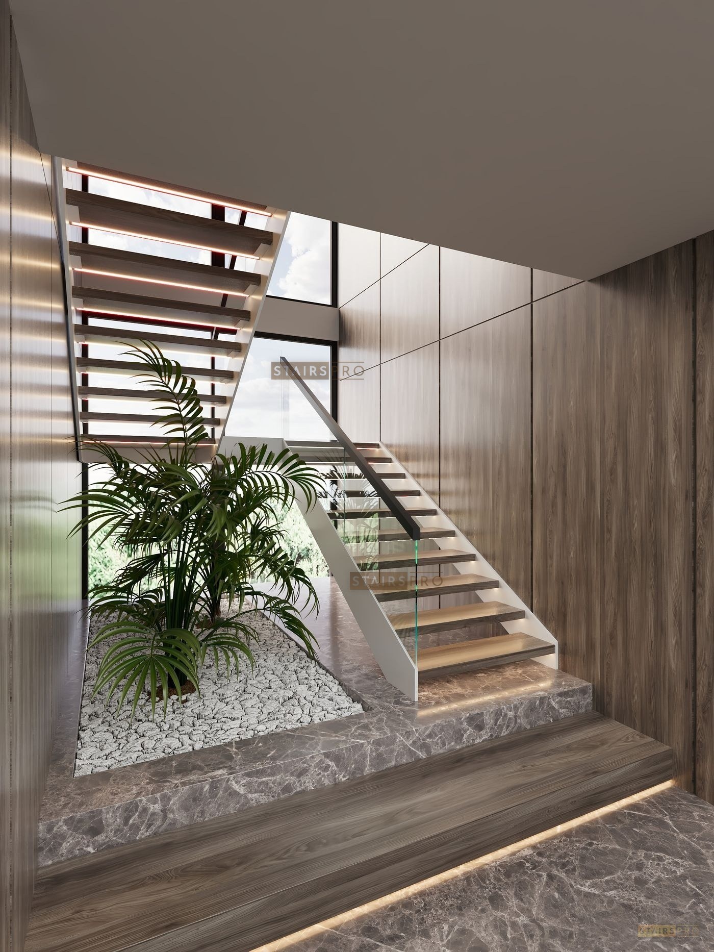 Double Stringer staircase in laser-cut steel with open risers