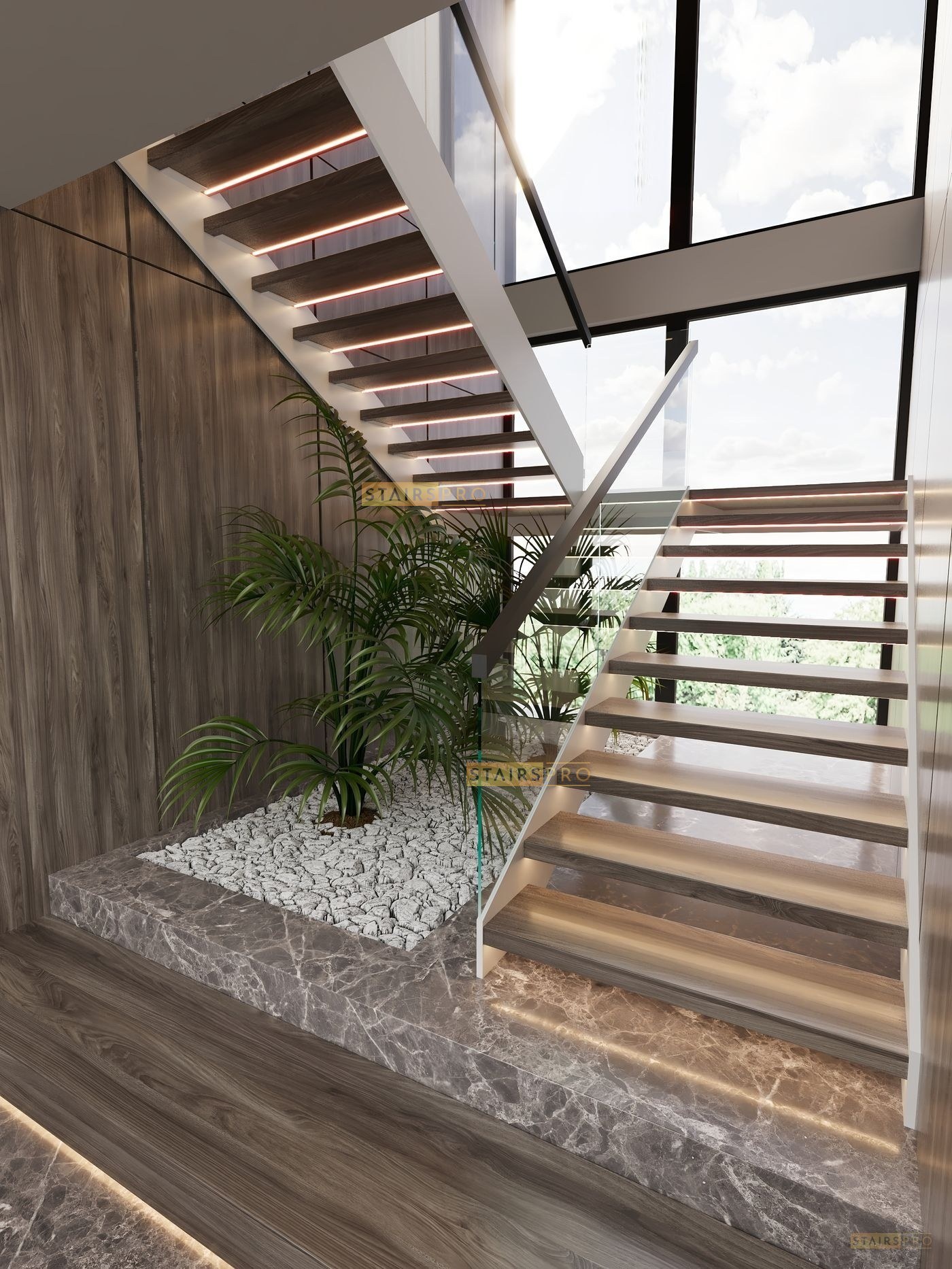 Double Stringer staircase in laser-cut steel with open risers