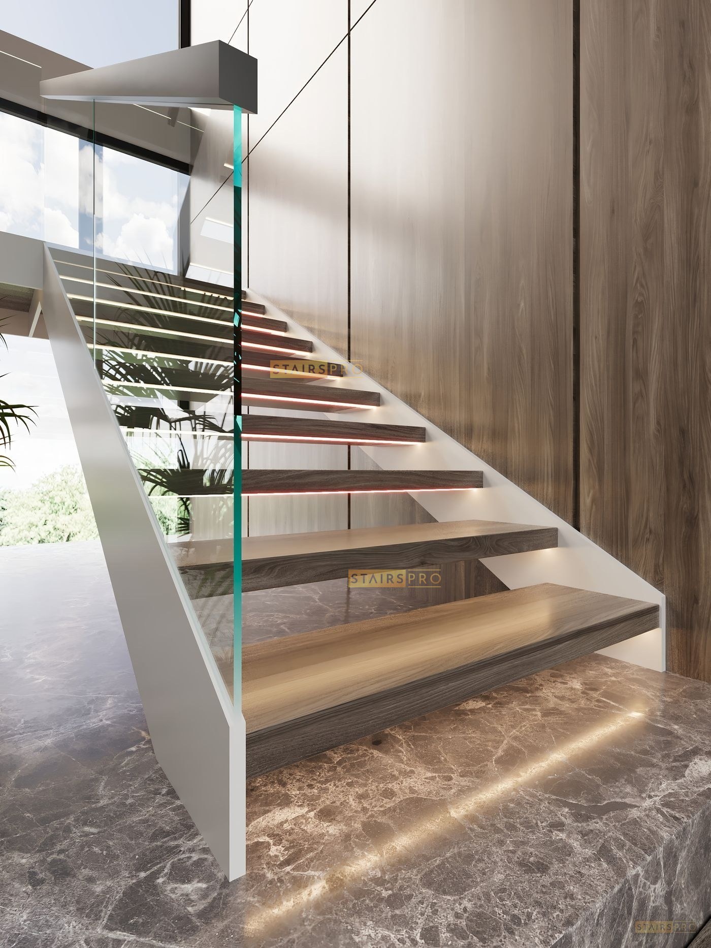 Double Stringer staircase in laser-cut steel with open risers Double Stringer staircase in laser-cut steel with open risers