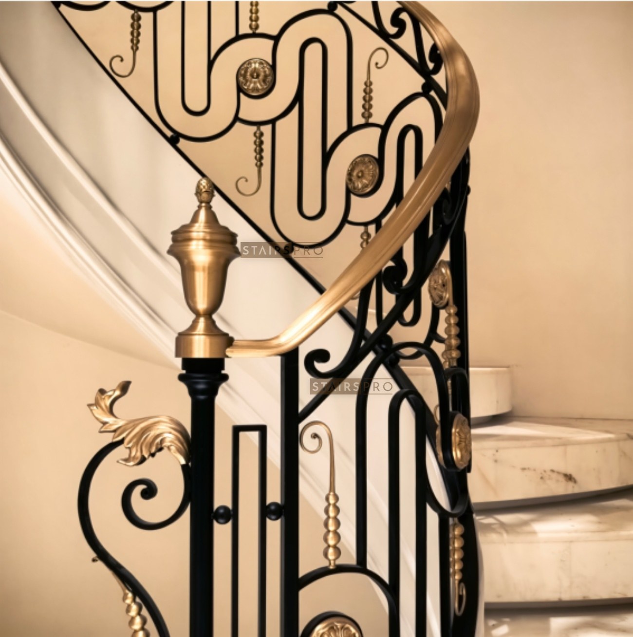 Hand-forged iron balustrade with gilded newel finial and brass handrail