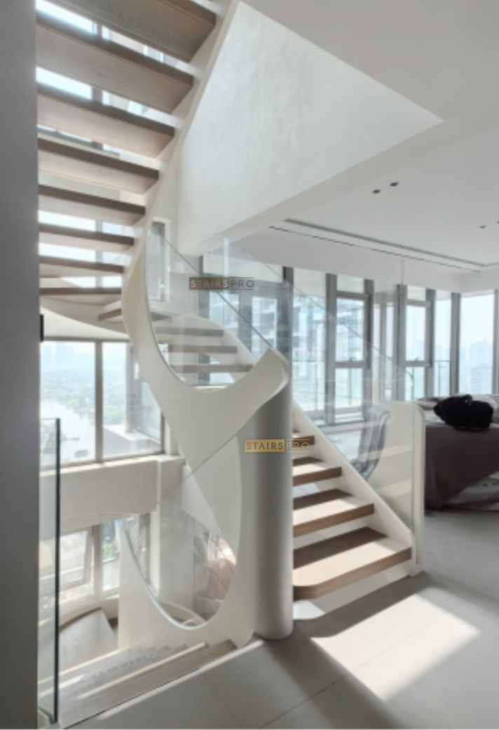 White sculptural steel balustrade in a bright interior