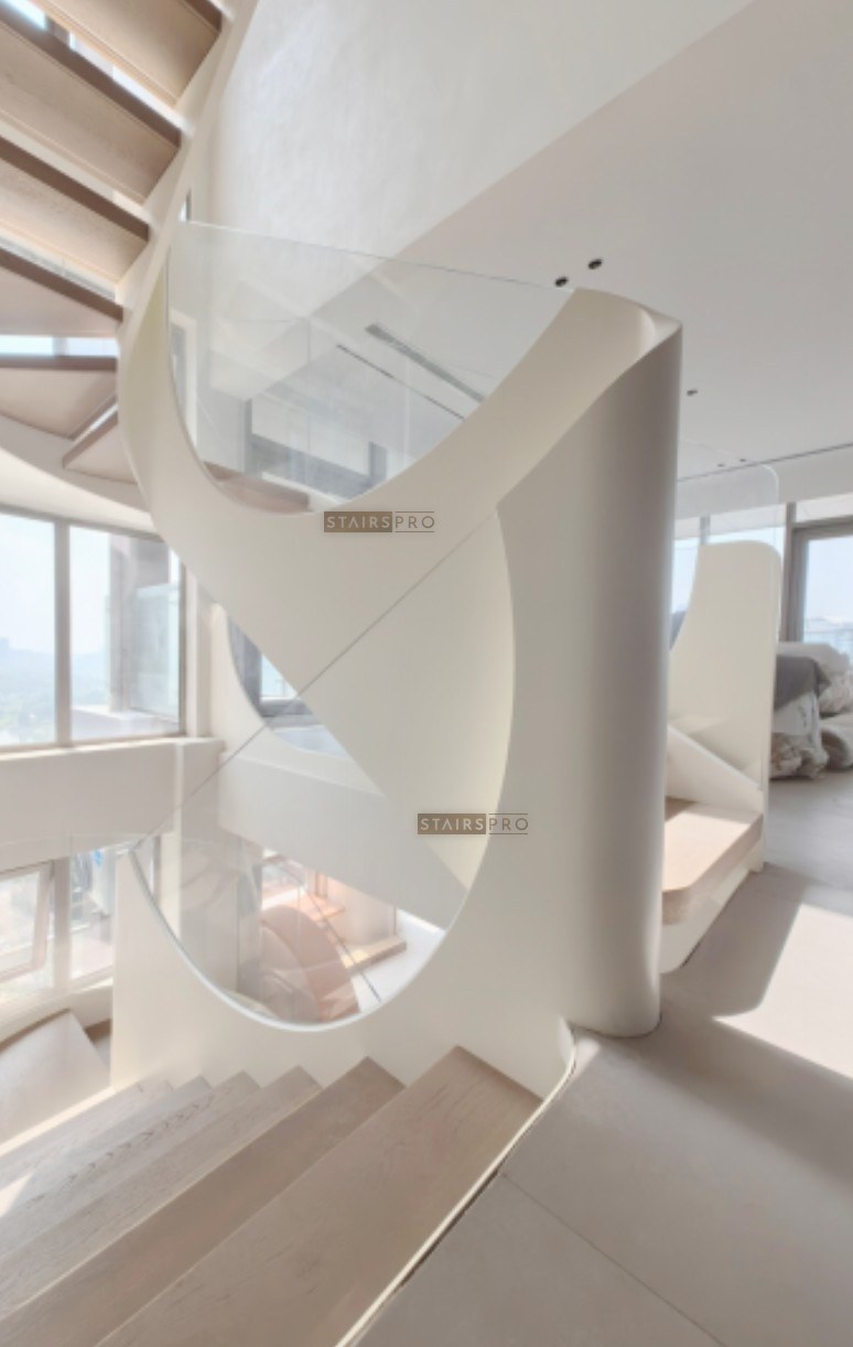 Curved white steel staircase balustrade panel