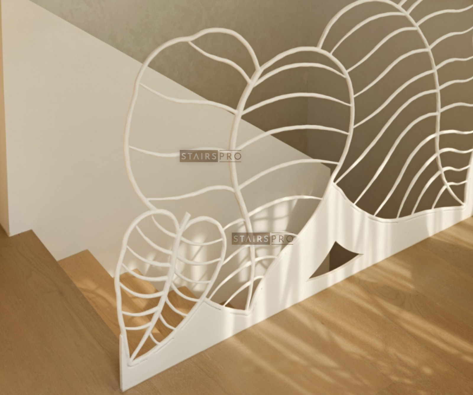 Laser cut steel railing panel with an organic leaf pattern Laser cut steel railing panel with an organic leaf pattern
