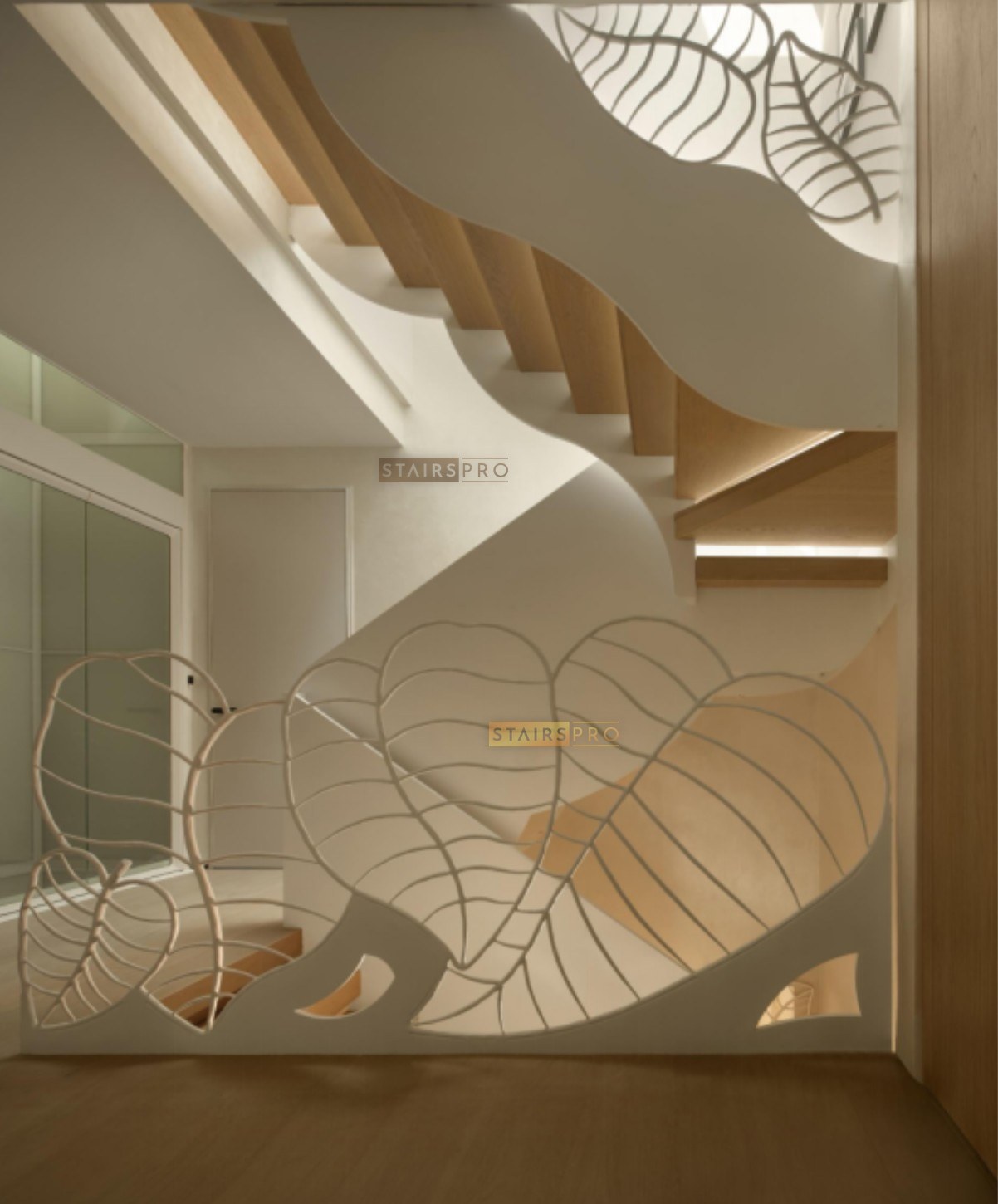 Laser cut steel staircase balustrade with a leaf pattern