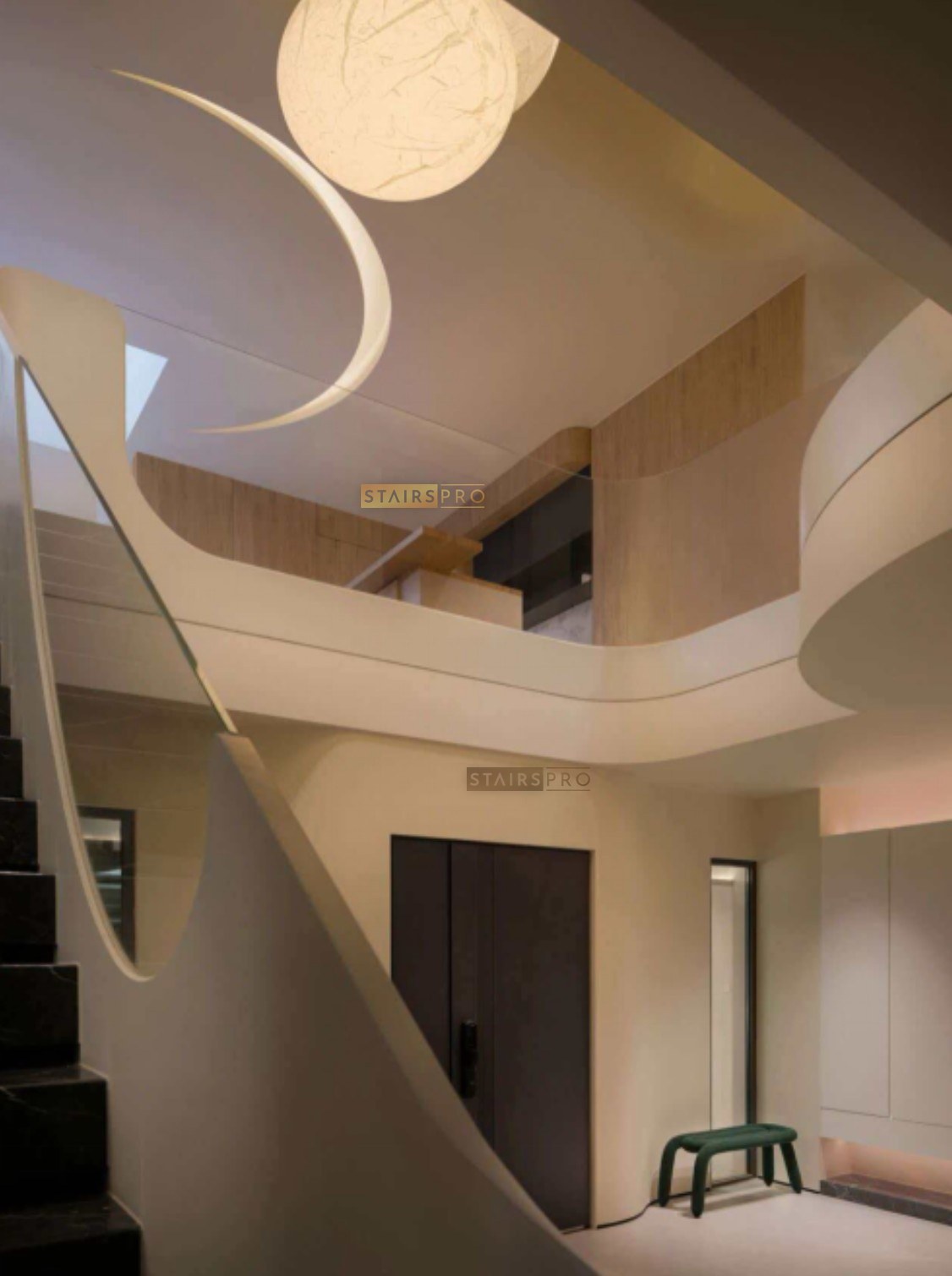 Sculptural steel balustrade with a curved cut-out panel
