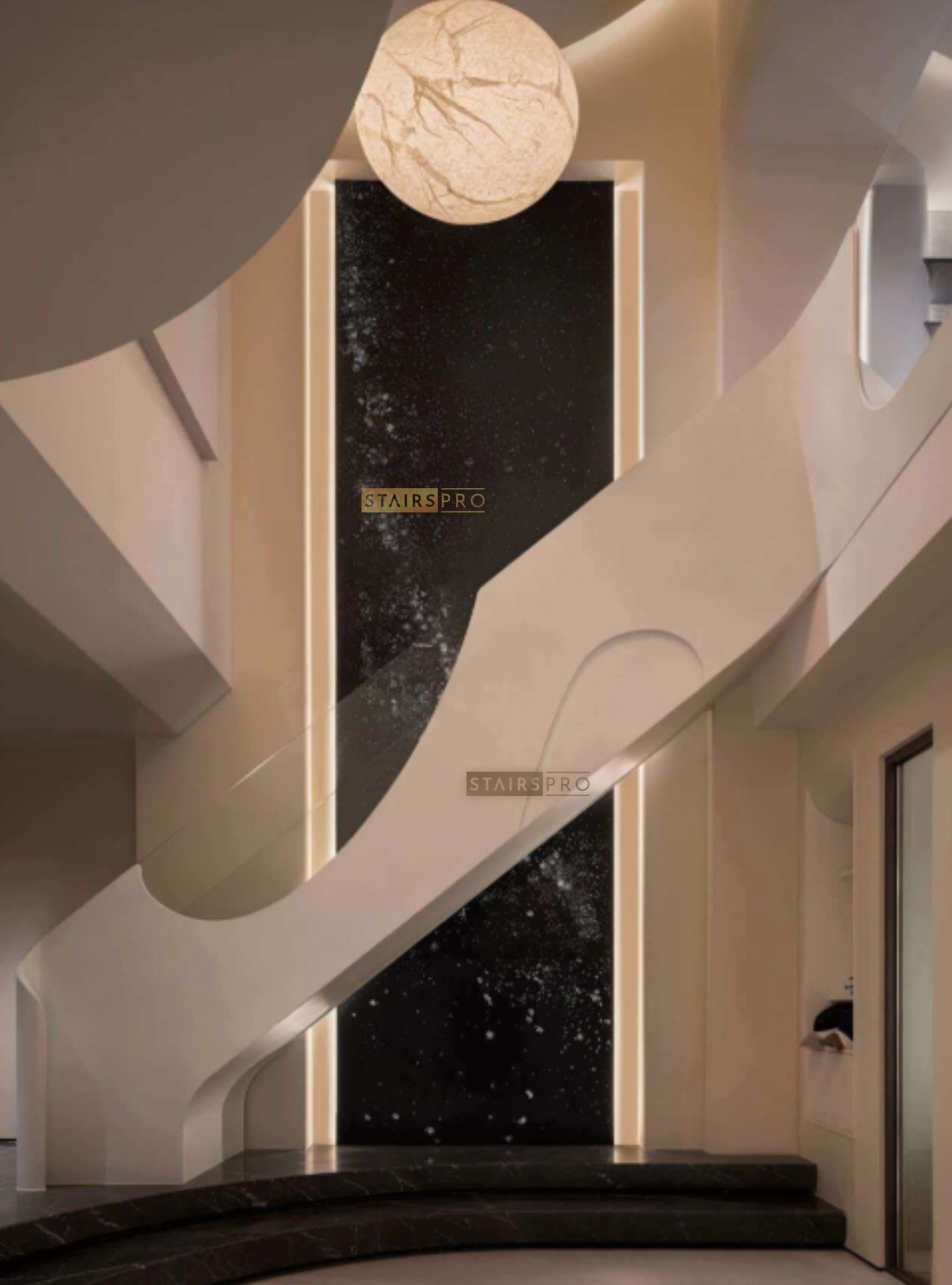 Sculptural steel balustrade beside a marble feature wall