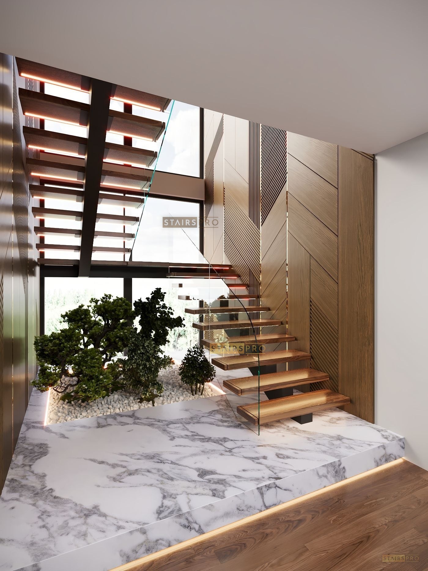 Mono Stringer staircase with laser-cut steel spine and visible tread supports