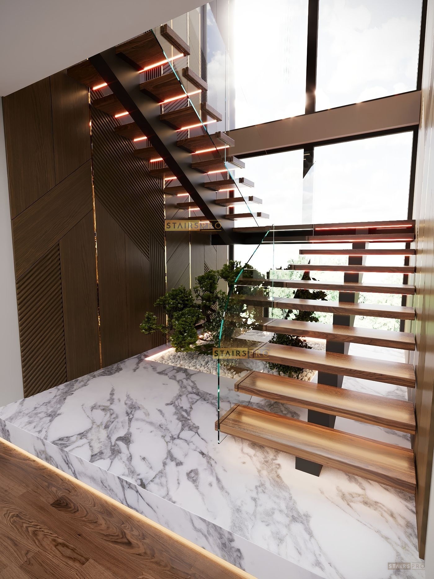 Mono Stringer staircase with laser-cut steel spine and visible tread supports