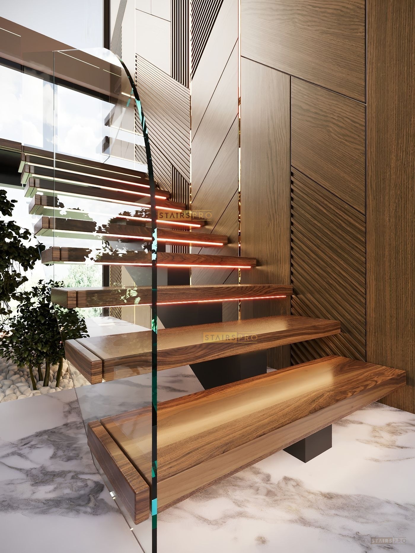 Mono Stringer staircase with laser-cut steel spine and visible tread supports Mono Stringer staircase with laser-cut steel spine and visible tread supports