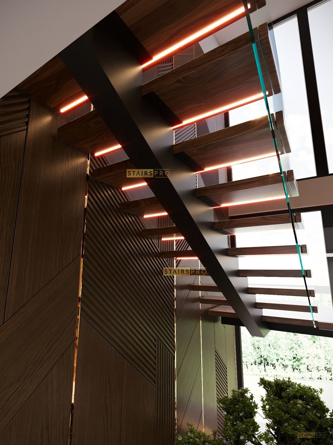 Mono Stringer staircase with laser-cut steel spine and visible tread supports