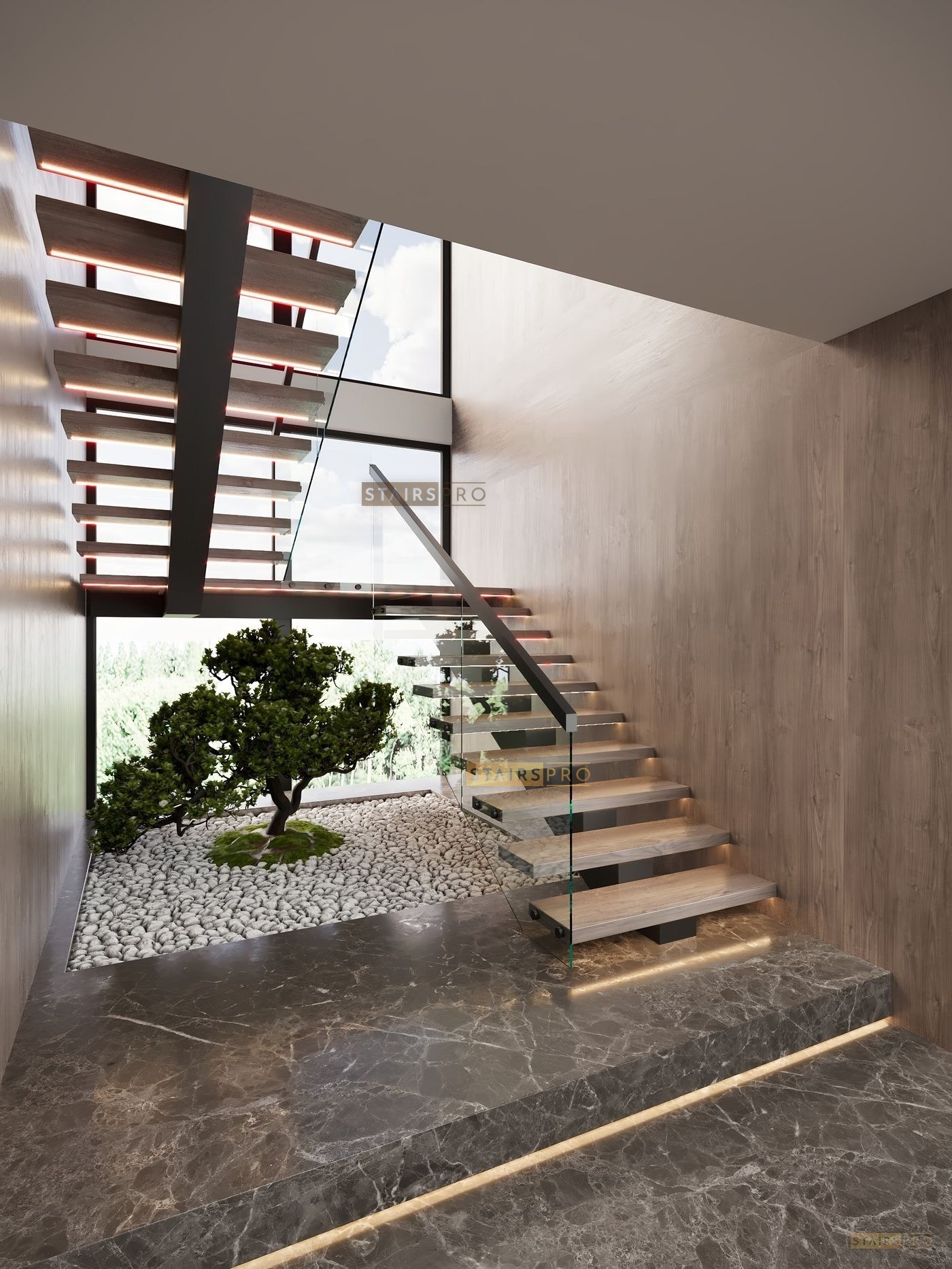 Mono Stringer staircase without tread supports, treads carried inside the stringer