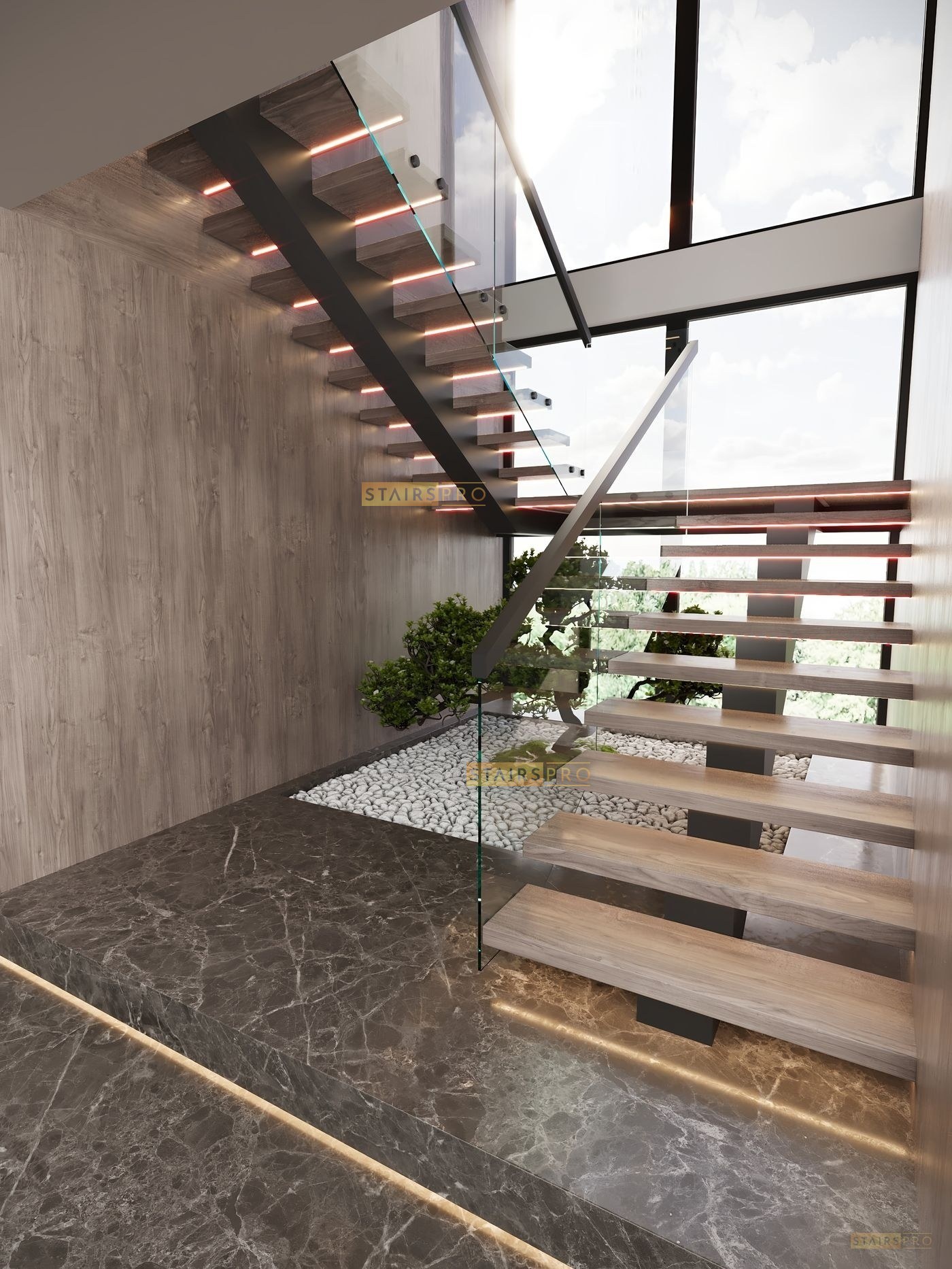 Mono Stringer staircase without tread supports, treads carried inside the stringer