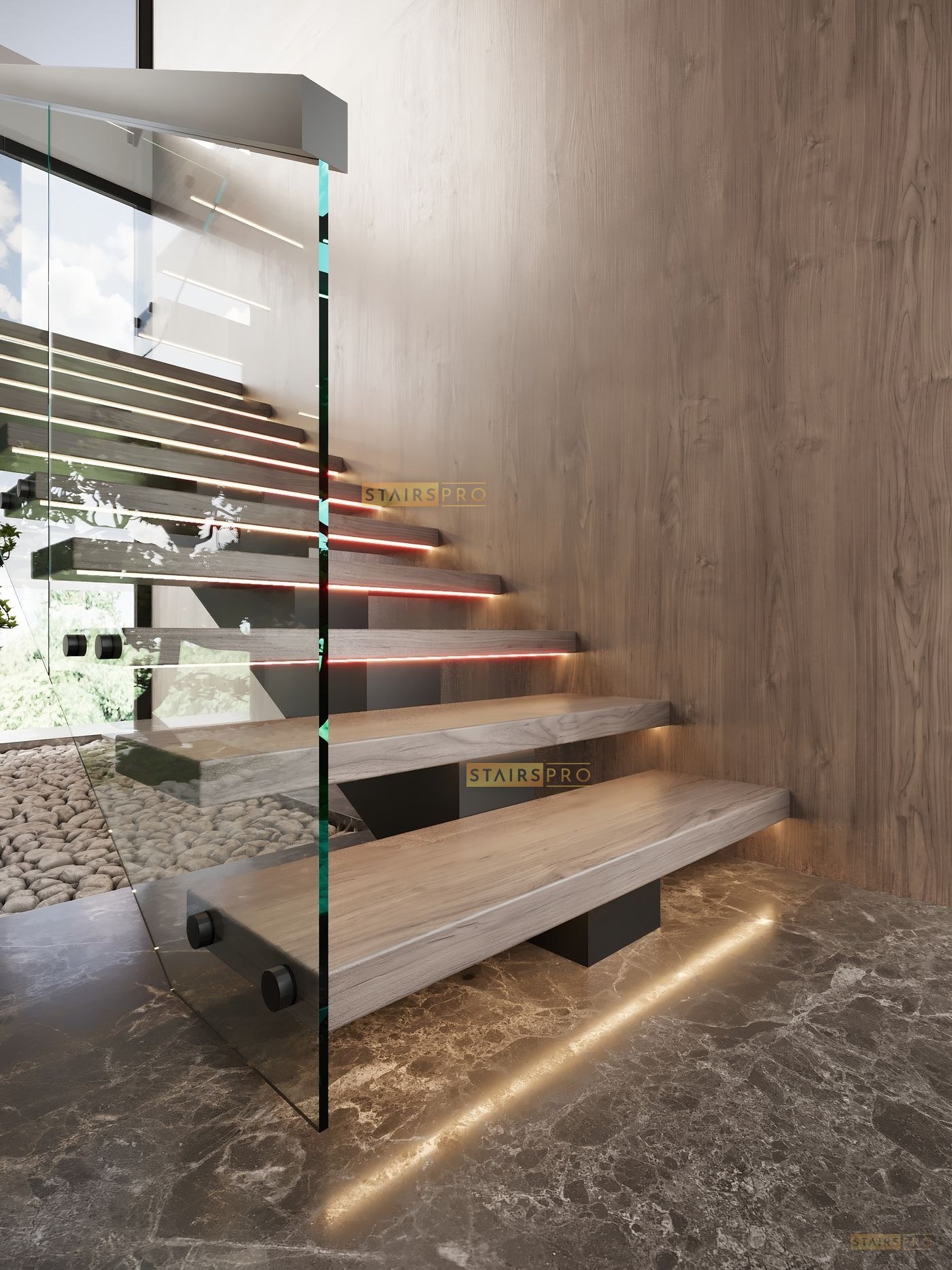 Mono Stringer staircase without tread supports, treads carried inside the stringer