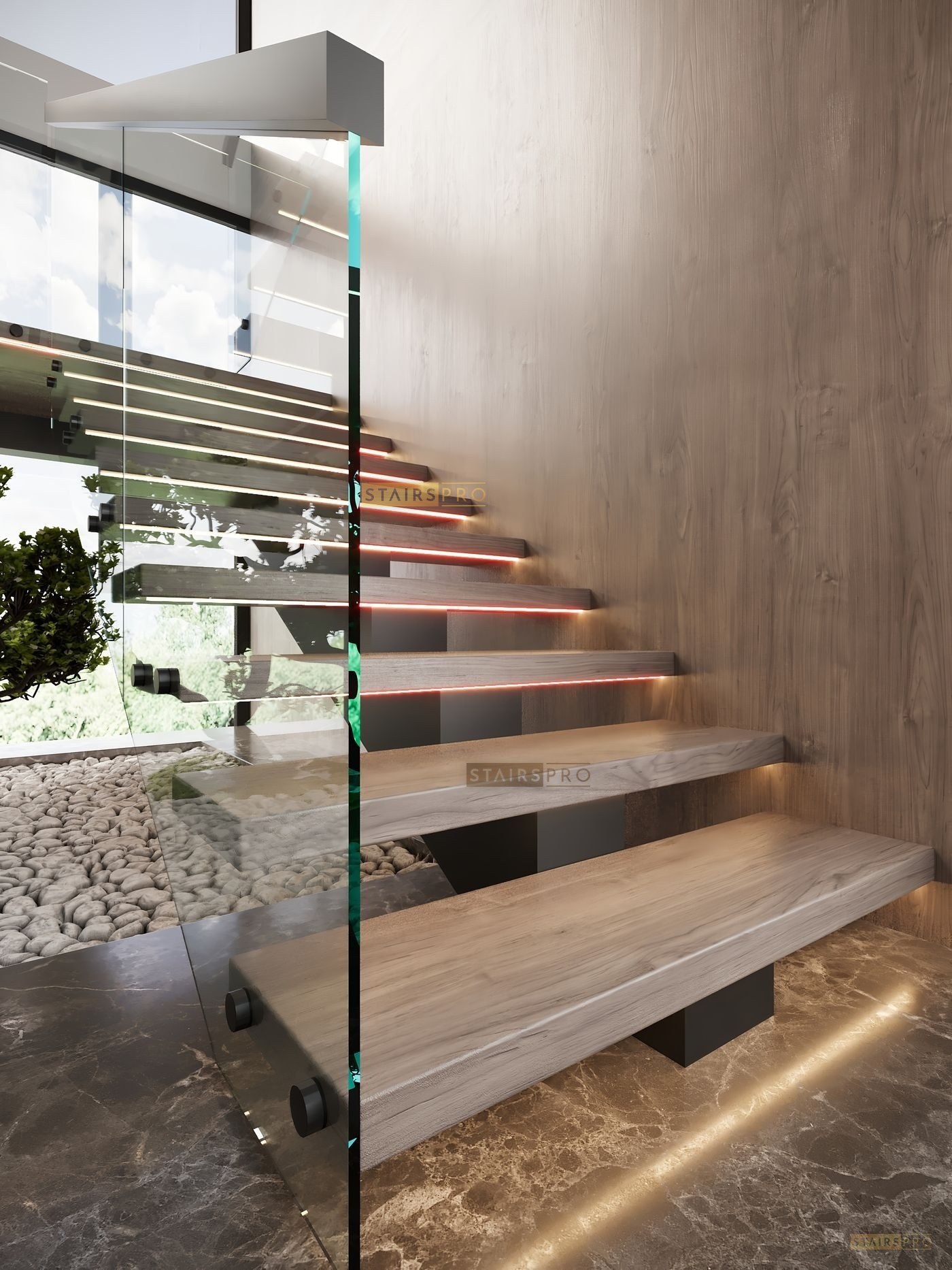 Mono Stringer staircase without tread supports, treads carried inside the stringer