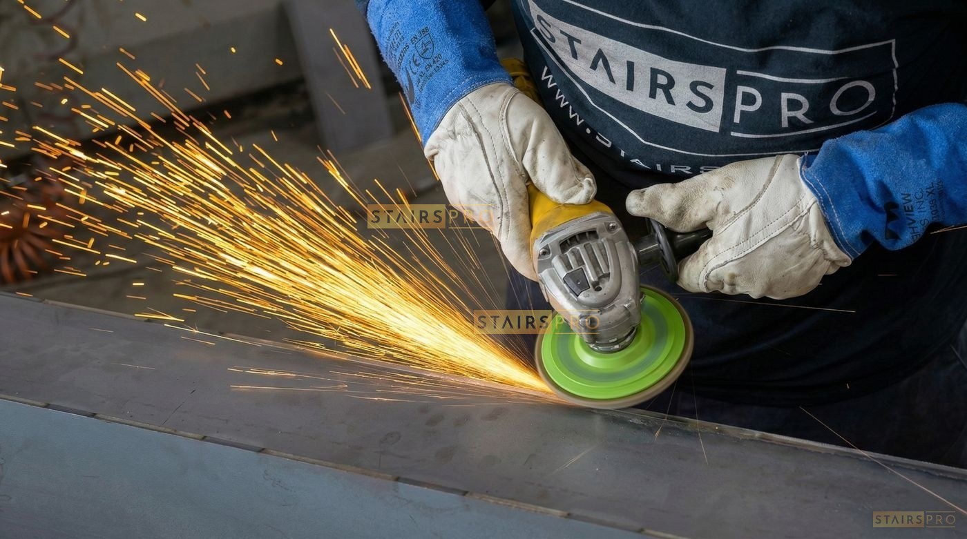 Polishing a steel staircase stringer to a rectified edge Polishing a steel staircase stringer to a rectified edge