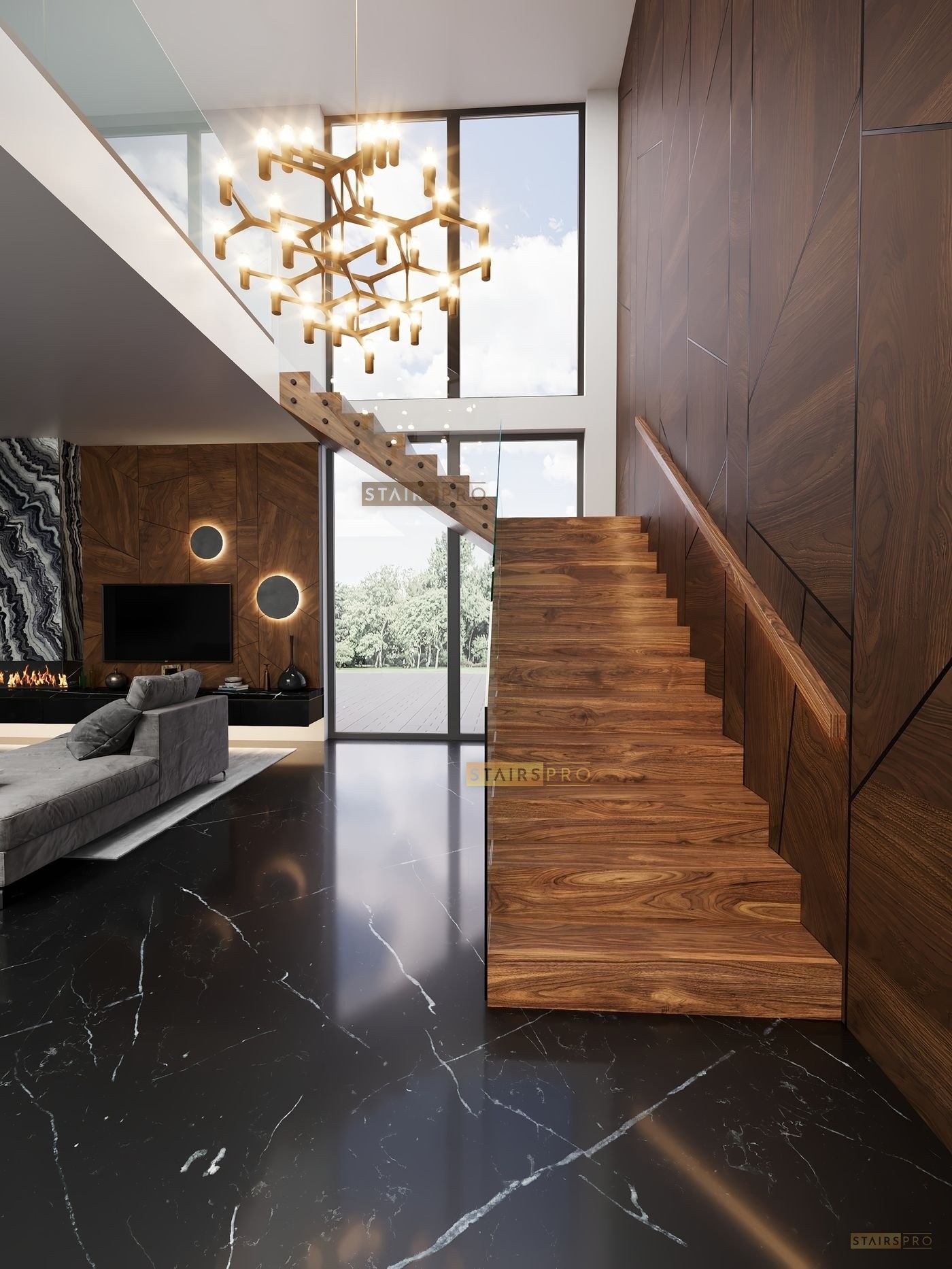 Waterfall closed riser staircase clad in solid hardwood