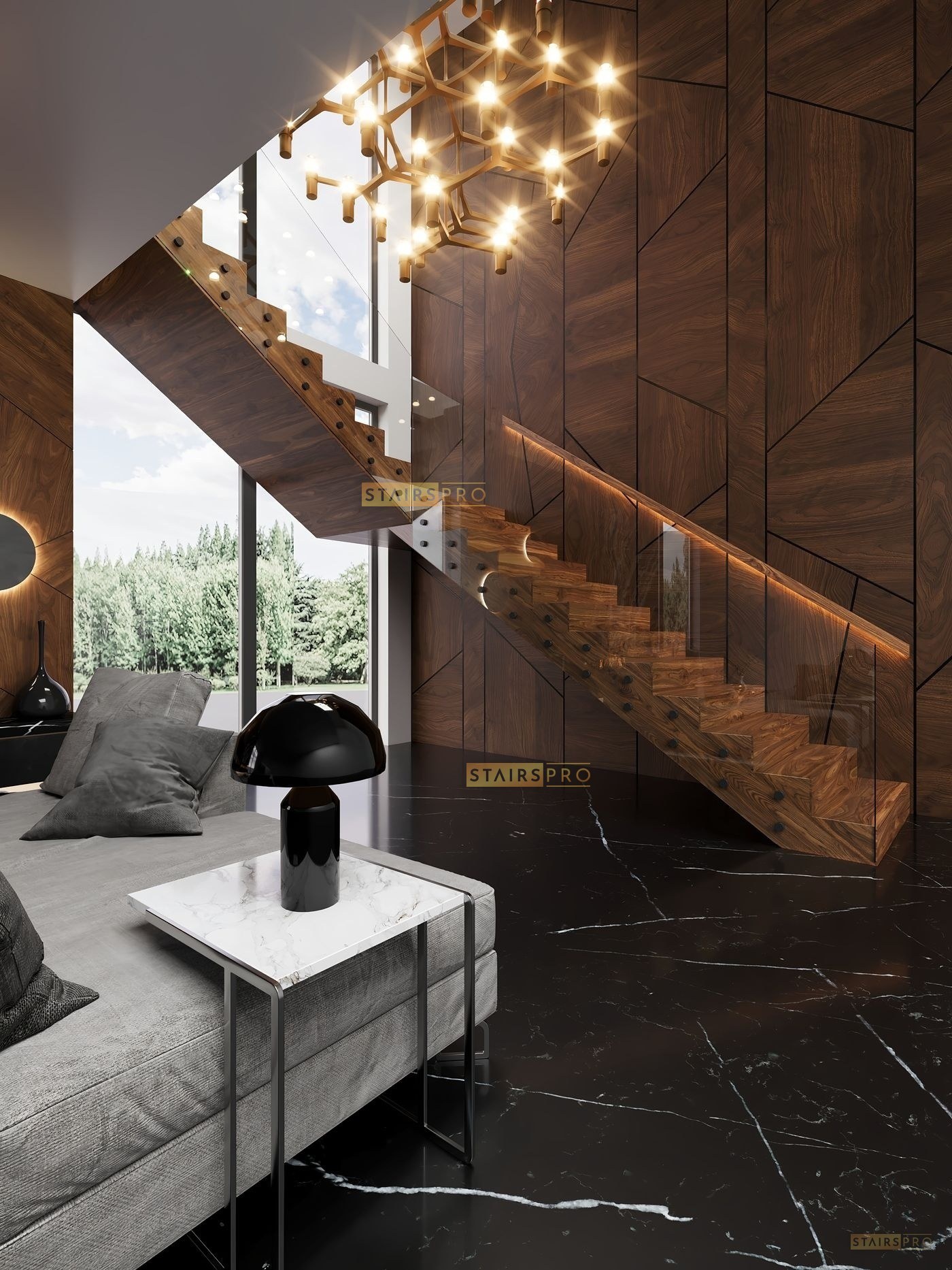 Waterfall closed riser staircase clad in solid hardwood