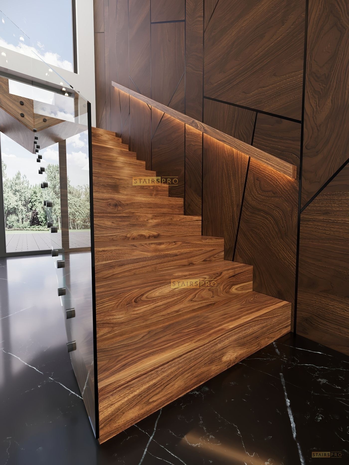 Waterfall closed riser staircase clad in solid hardwood Waterfall closed riser staircase clad in solid hardwood