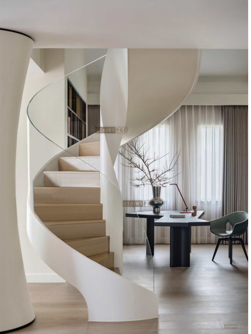 White plaster closed riser curved staircase White plaster closed riser curved staircase